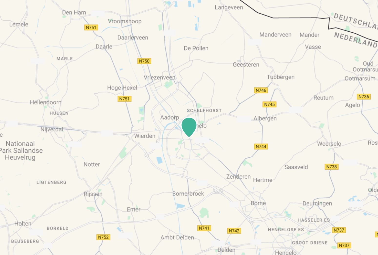 Kaart van Almelo en omgeving met locatiepin in het centrum, met omliggende plaatsen en N-wegen in Overijssel.
