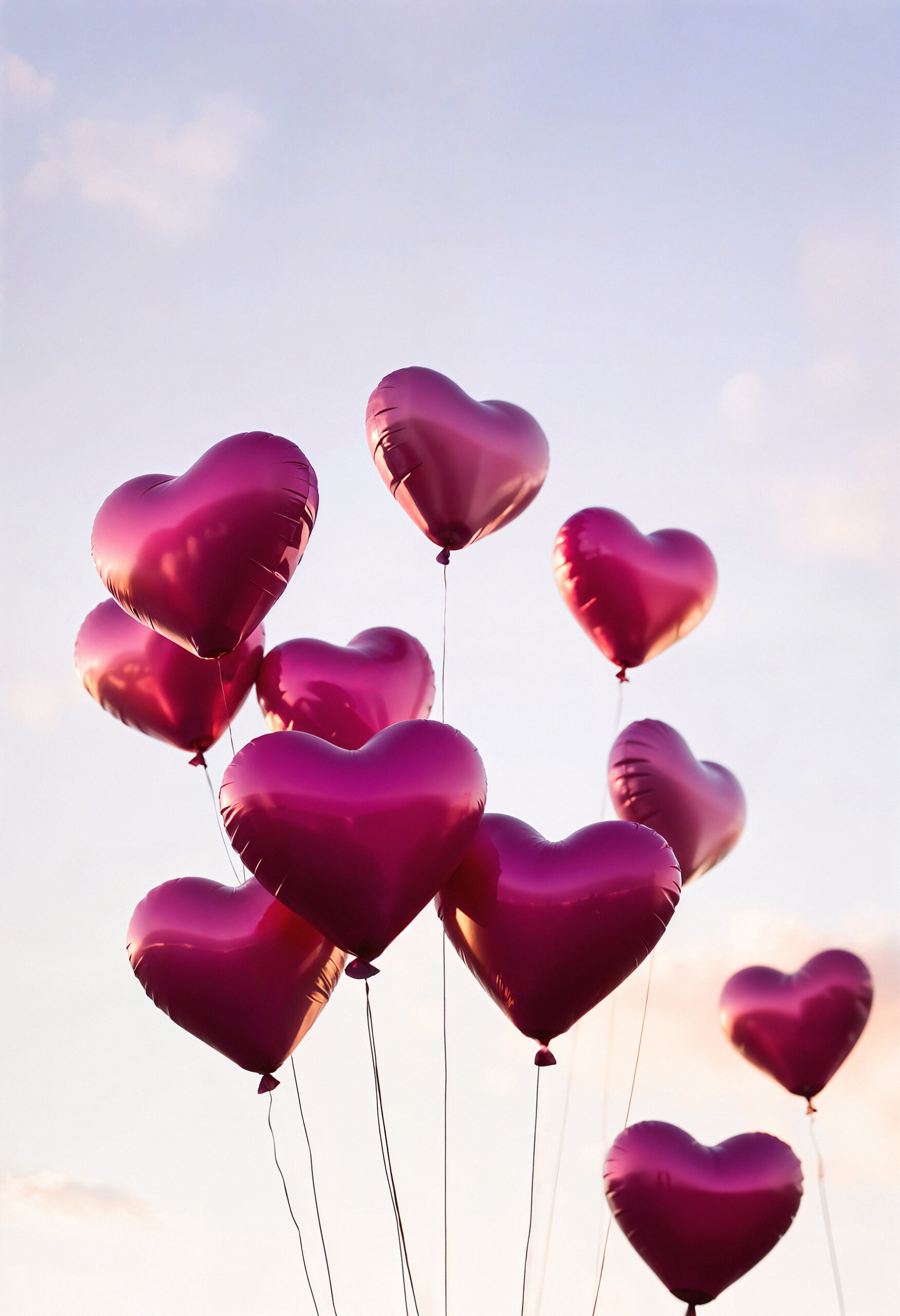 Roze hartvormige ballonnen die in de avondlucht omhoog zweven.